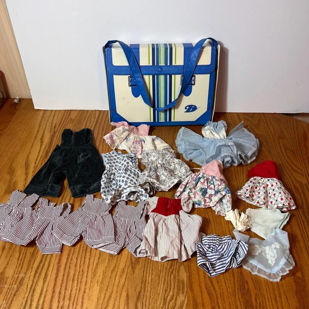 VTG Doll Clothes Lot w/ Blue Carry Case Mixed Doll Outfits Dresses Wardrobe